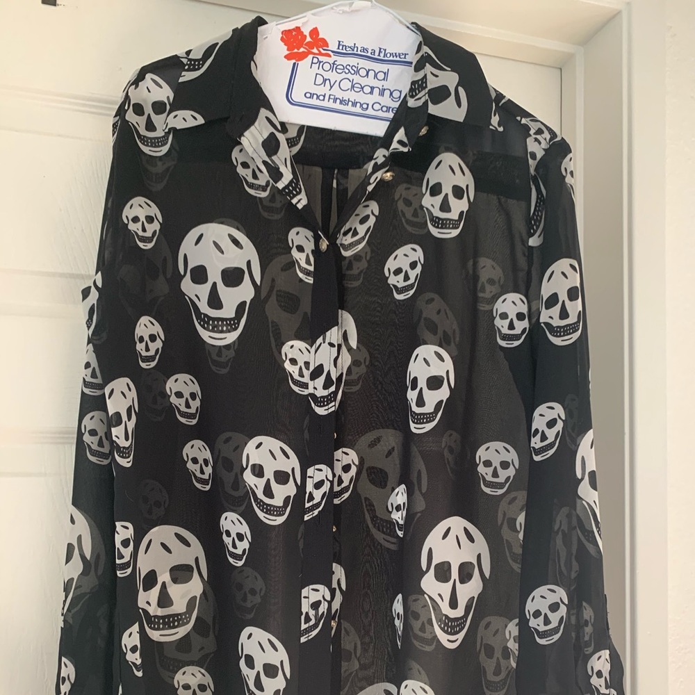 Olivaceous skull button down long sleeve blouse